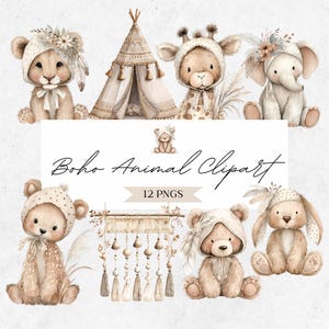Boho Animal Nursery Clipart - Watercolor Baby Shower Graphics - Gender Neutral PNG Illustrations - CLP02AI