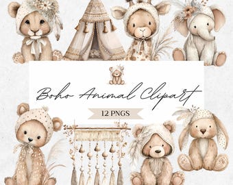 Boho Animal Nursery Clipart - Watercolor Baby Shower Graphics - Gender Neutral PNG Illustrations - CLP02AI