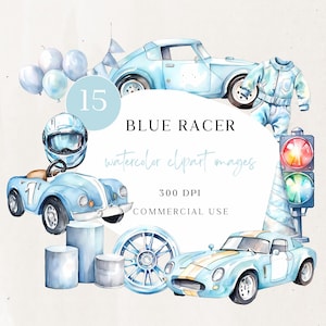 Little Racer Clipart, Watercolor Blue Race Car PNG, Vintage Racing Baby Shower Illustrations, Nursery Decor, Digital Download