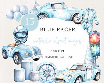 Watercolor Blue Race Car Clipart: Vintage Racer PNG (Digital Download) CLP01AAQ