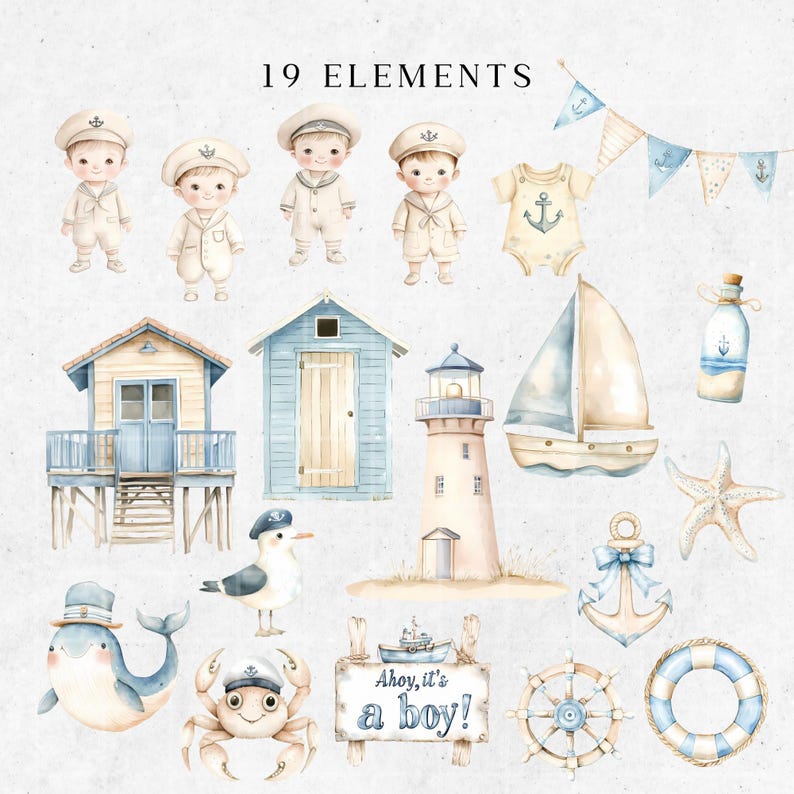 Watercolor Coastal Baby Shower Clipart: Nautical Nursery Art (PNG ...