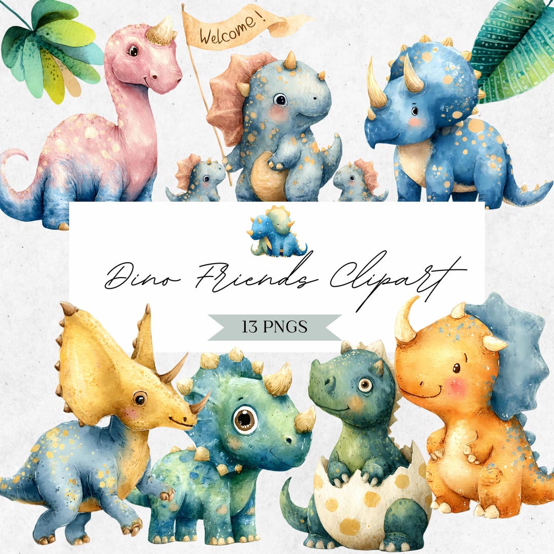 Watercolor Dinosaur Clipart: Baby Shower Dino Graphics (PNG Digital ...