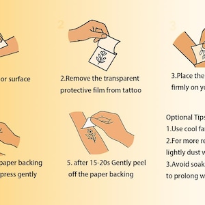 K&ouml;nnte beinhalten: Illustrierte Anleitung zum Anbringen eines tempor&auml;ren Tattoos. Die Schritte umfassen das Reinigen der Haut mit Alkohol, das Entfernen der Schutzfolie, das Aufkleben des Tattoos mit der Vorderseite auf die Haut, das Anfeuchten der Papierunterlage und das vorsichtige Abziehen der Papierunterlage. Optionale Tipps beinhalten die Verwendung eines k&uuml;hlen L&uuml;fters, um das Trocknen zu beschleunigen, das Best&auml;uben mit Babypuder f&uuml;r einen matten Look und das Vermeiden des Einweichens in hei&szlig;em Wasser, um die Haltbarkeit zu verl&auml;ngern.