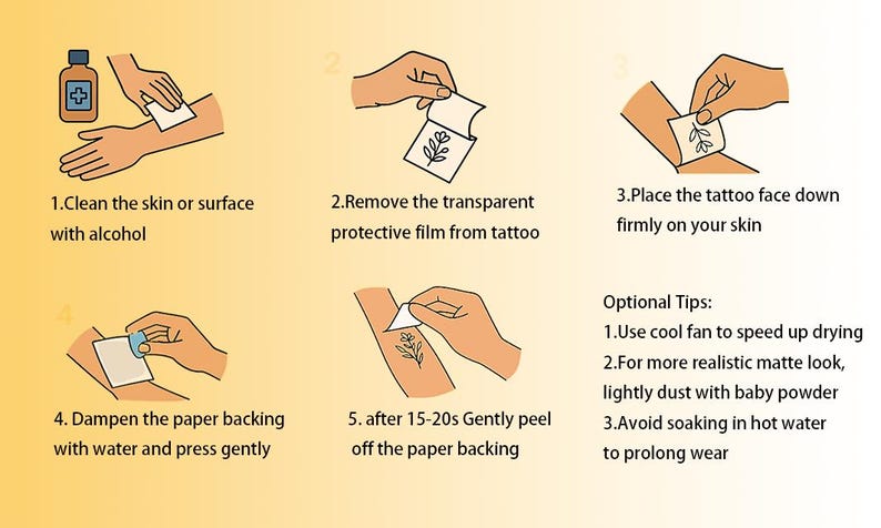 K&ouml;nnte beinhalten: Illustrierte Anleitung zum Anbringen eines tempor&auml;ren Tattoos. Die Schritte umfassen das Reinigen der Haut mit Alkohol, das Entfernen der Schutzfolie, das Aufkleben des Tattoos mit der Vorderseite auf die Haut, das Anfeuchten der Papierunterlage und das vorsichtige Abziehen der Papierunterlage. Optionale Tipps beinhalten die Verwendung eines k&uuml;hlen L&uuml;fters, um das Trocknen zu beschleunigen, das Best&auml;uben mit Babypuder f&uuml;r einen matten Look und das Vermeiden des Einweichens in hei&szlig;em Wasser, um die Haltbarkeit zu verl&auml;ngern.