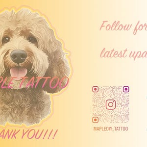 K&ouml;nnte beinhalten: Ein Cartoon-Bild eines Hundes mit dem Text "Maple Tattoo" und "Thank You!!!" Das Bild enth&auml;lt auch zwei QR-Codes mit dem Text "MapleDIY_Tattoo" und "Maple_Tattoo". Der Text "Follow for the latest updates" ist ebenfalls im Bild enthalten.