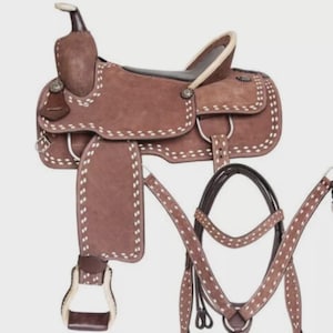Handcrafted Leather Western Saddle | Durable Horse Saddle with Bridle | Brown Equestrian Saddle | Adjustable Riding Saddle | Horseback Gear