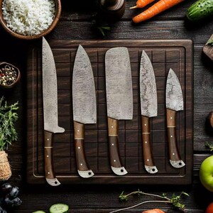 Damascus Steel Kitchen Knife Set | Handmade Chef Knife Set | Professional Cooking Knives | Japanese Style Knives | Gift for Chefs
