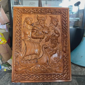 Viking Wall Art | Norse Mythology Wood Carving | Handcrafted Rosewood Pine Ash Decor | Norse Gods & Longship | Custom Nordic Gift