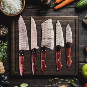 Damascus Steel Knife Set | Handmade Chef Knives | Kitchen Knife Set with Wood Handle | Professional Cooking Tools | Gift for Chefs