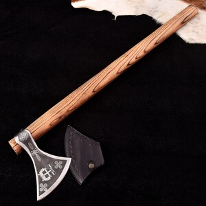 Hand-Forged Viking Axe with Nordic Engraved Carbon Steel Blade and Long Ash Wood Handle – Authentic Norse Battle Axe for Collectors & Gifts