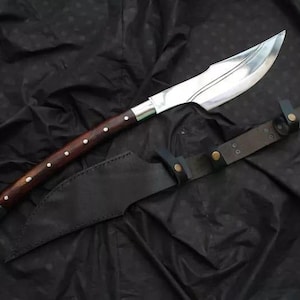 Hand-Forged Tactical Hunting Knife, Viking War Cleaver, Full Tang Outdoor Knife, Handmade Bushcraft Machete, Wood Handle, Leather Sheath
