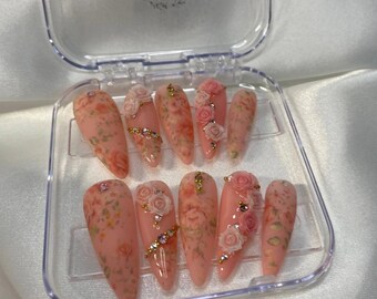 Handmade Pink Floral Garden with Crystals Press-on Nails