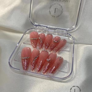 Custom Pink Glitter Press On Nails with Rhinestones | Reusable Handmade Nail Set | All Shapes & Lengths | Glam Nails