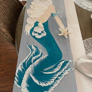 Pintura de textura de sirena sobre madera, arte de sirena, pintado a mano,