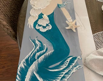 Pintura de textura de sirena sobre madera, arte de sirena, pintado a mano,