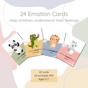 Könnte beinhalten: Ein Satz von 24 Emotionskarten für Kinder, mit Tierillustrationen und Sätzen wie "Ich bin so glücklich wie ein Panda". Die Karten sind im A4-Druck-PDF-Format und für Kinder im Alter von 2-7 Jahren geeignet. Die Karten haben einen weißen Hintergrund.