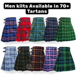 Puede incluir: Una colección de faldas escocesas en varios diseños de tartán. Las faldas escocesas se muestran en una fila, mostrando una gama de colores que incluyen rojo, verde, azul y negro. Cada falda escocesa presenta un cierre de hebilla y pliegues. La imagen incluye el texto "Men kilts Available in 70+ Tartans."