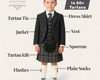 Kids 7 Pieces Jacket Kilt Outfit Charcoal Grey Wool Jacket & Vest Scottish Boys Highland Wedding kilt Set Available in 50+ Tartans