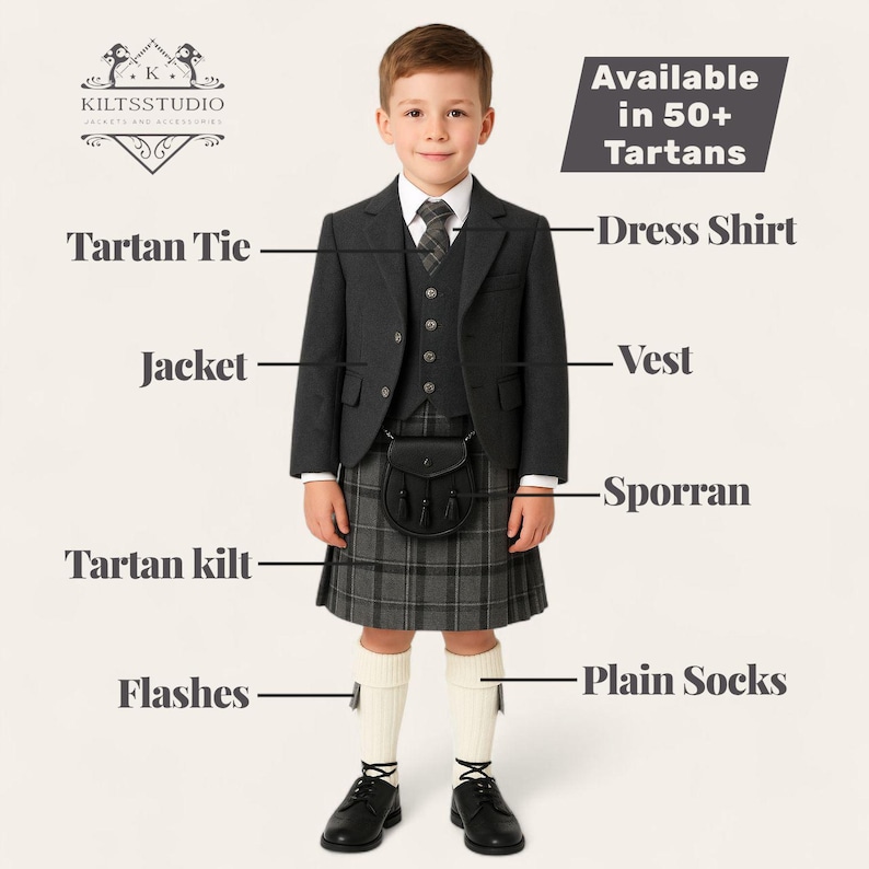 May include: A young person in a traditional Scottish outfit, including a dark gray jacket, vest, and tartan kilt. The ensemble features a matching tartan tie, sporran, and plain socks. The image includes the text "Available in 50+ Tartans."