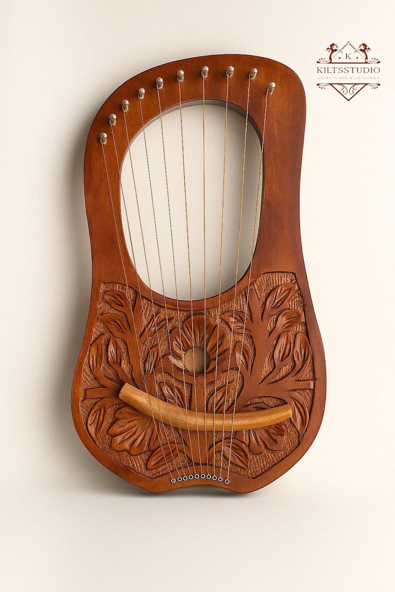 Rosewood Lyre Harp – 10 Metal Strings | Handmade New Flower Lyre Design with Free Tuning Key, Bag & Extra Strings image 1