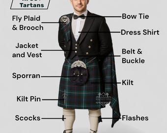 Men's 12 Pieces Prince Charlie Jacket Scottish kilt outfit Highland Wedding Kilt set Available in 50+ Tartans