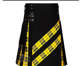 May include: A black kilt featuring yellow and black tartan panels, silver-toned metal hardware, and adjustable side straps with buckles. The text Available in 50+Tartans is displayed at the top, and a small logo is visible on the lower left side.