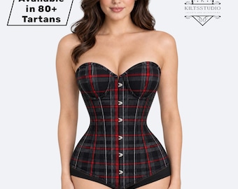 Corset tartan pour femme, corset écossais à carreaux couvrant la poitrine | Corset bustier sans bretelles à lacets dans le dos, corsage style gothique-renaissance, plus de 80 tartans