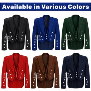 Puede incluir: Una colección de chaquetas en varios colores, incluyendo negro, azul, verde, rojo, marrón y azul marino. Cada chaqueta presenta un diseño a medida con detalles en forma de diamante. El texto "Available in Various Colors" se muestra en la parte superior.