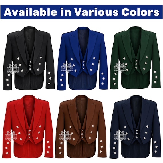 Men's Scottish Prince Charlie Jacket With 3 Button Waistcoat - Wedding Kilt Wool Jacket In Various Colors Chest Sizes 34" - 54" Inches