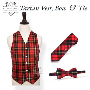 Scottish Tartan Waistcoat – Men&#39;s 5 Button Kilt Vest – Traditional Wedding Waistcoat with Free Matching Tartan Tie Available in 50+ Tartans