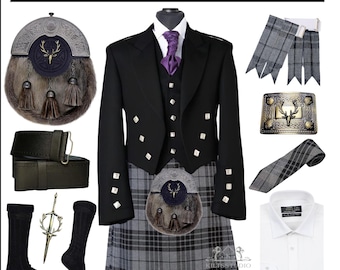 Men's 10 Pieces Prince Charlie Jacket kilt outfit Scottish Stage Head Sporran Highland Wedding Kilt set Available in 60+ Tartans