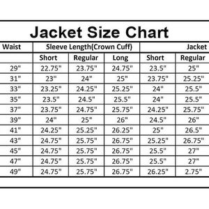 May include: A jacket size chart with measurements in inches. The chart includes chest, waist, sleeve length, and jacket length measurements for various sizes, from 34" to 54" chest sizes. The chart is in black and white.