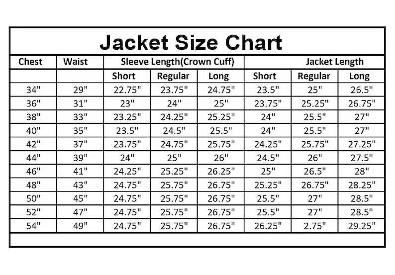 May include: A jacket size chart with measurements in inches. The chart includes chest, waist, sleeve length, and jacket length measurements for various sizes, from 34" to 54" chest sizes. The chart is in black and white.