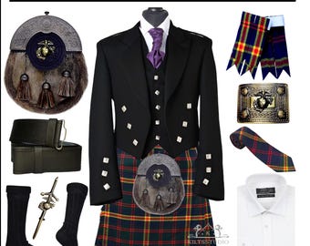Men's 10 Pieces Prince Charlie Jacket kilt outfit Scottish Highland Wedding Kilt set Available in 50+ Tartans