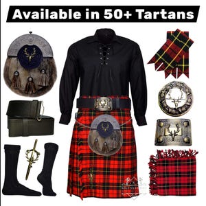 Herr 10-delad skotsk kiltdräkt – Antik sporrankilt med hjorthuvud – Traditionell bröllopskilt – Finns i 50+ tartaner