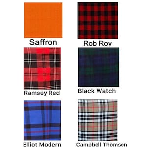 May include: A collection of six fabric swatches showcasing various tartan patterns. The swatches include solid saffron, red and black Rob Roy, red and black Ramsey Red, dark green and blue Black Watch, blue Elliot Modern, and beige Campbell Thomson.