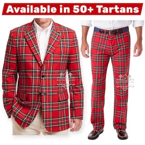 May include: A red plaid blazer and matching pants. The blazer has a three-button closure and the pants have a belt. The plaid pattern includes green and white lines. The text "Available in 50+ Tartans" is at the top.