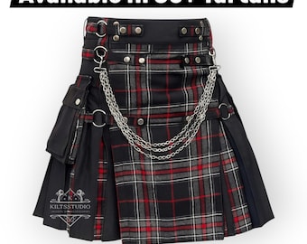 Delantal gótico híbrido negro para hombre, con pliegues, disponible en más de 50 tartanes. Tallas de 28" a 62".