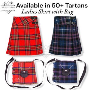 Jupe kilt pour femme en tartan écossais pour femme 20 cm (20 po.) de longueur au genou - Mini kilt plissé dans le dos avec sac pour femme assorti - Disponible dans plus de 50 modèles