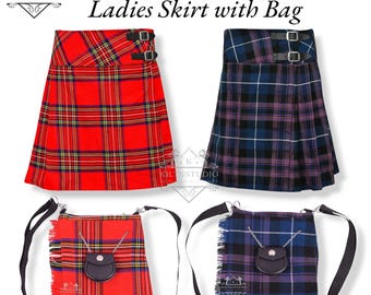 Scottish Tartan Ladies Kilt Skirt for Women 20" Knee Length – Back Pleated Mini Kilt with Matching Ladies Bag – Available in 50+ Tartans