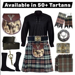 May include: A kilt outfit featuring a black lace-up shirt, a plaid kilt, a sporran with a deer emblem, a black belt with a metal buckle, black socks, a kilt pin, a brooch, and a plaid fabric square. The text reads Available in 50+ Tartans.