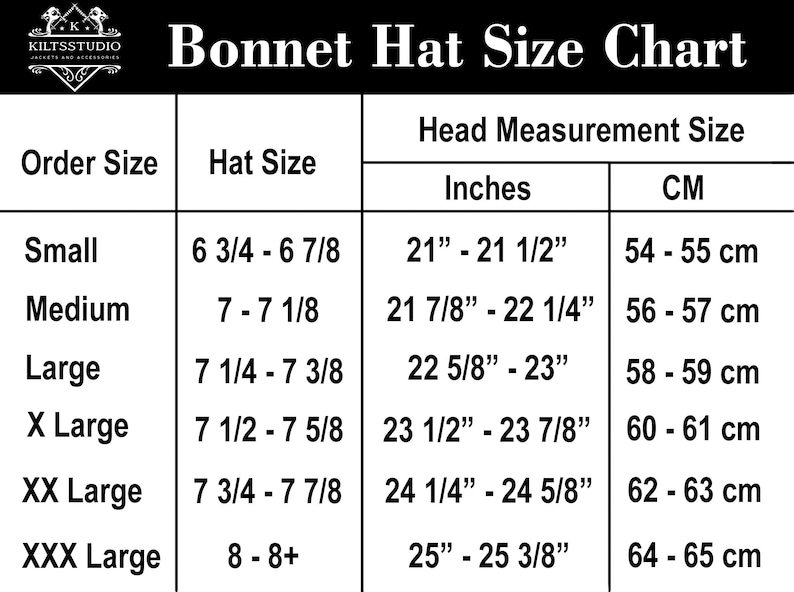 May include: Bonnet hat size chart with measurements in inches and centimeters. Sizes range from Small (21" - 21 1/2" or 54-55 cm) to XXX Large (25" - 25 3/8" or 64-65 cm). Includes hat sizes and head measurements.