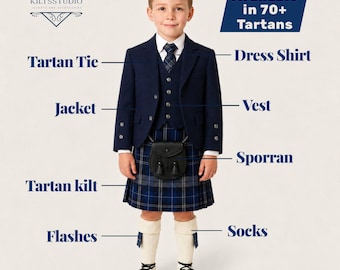 Kids 7 Pieces Jacket Kilt Outfit Navy Blue Wool Jacket & Vest Scottish Boys Highland Wedding kilt Set Available in 70+ Tartans