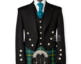 Men's Prince Charlie Jacket With 5 Button Waistcoat - Scottish Traditional Wedding Kilt Jacket Chest Sizes 32" - 54" Inches