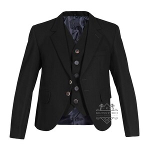 May include: A black suit jacket and waistcoat set. The jacket features a two-button closure, notched lapels, and two front pockets. The waistcoat has a five-button closure. The set is made of a dark fabric, suitable for formal events.