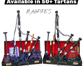 Black Rosewood Silver Mount Full Size Professional Bagpipe with Brown Chanter and Hard Case Available in 50+ Tartans