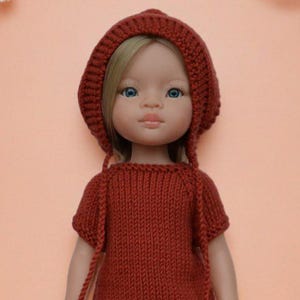 Paola Reina Doll Outfit, Knitted Jumpsuit and Bonnet Set, 13 Inch Little Darling Ruby Red Clothes