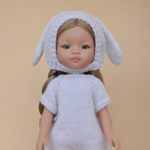 Konijnenkostuum voor Paola Reina-pop, witte gebreide jumpsuit-hoedenset, 13-inch robijnrode Siblies-popoutfit
