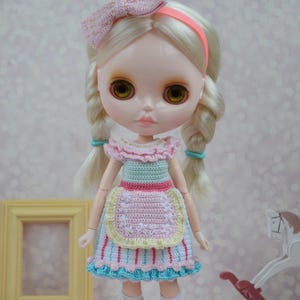 Pastel Crochet Doll Dress with Apron and Beaded Headband, Blythe Collector Outfit