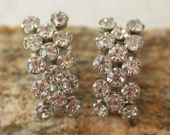 Vintage Crystal Clear Rhinestone Triple Arched Row Clip on Style Earrings  .....2639